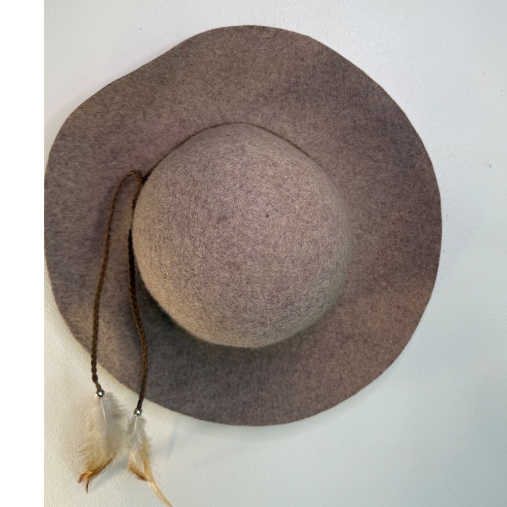 American Eagle Outfitters Wool Felt Floppy Hat Taupe Mushroom Feather One Size - Picture 11 of 12